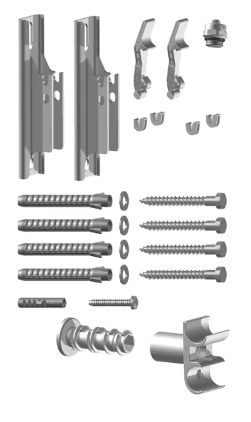 Produktbild: Kermi Befestigungsset (15) Duett, -E, -D, weiß, ZB02920001, bestehend aus Befestigungselementen, Schrauben und Dübeln in silberner Farbe.